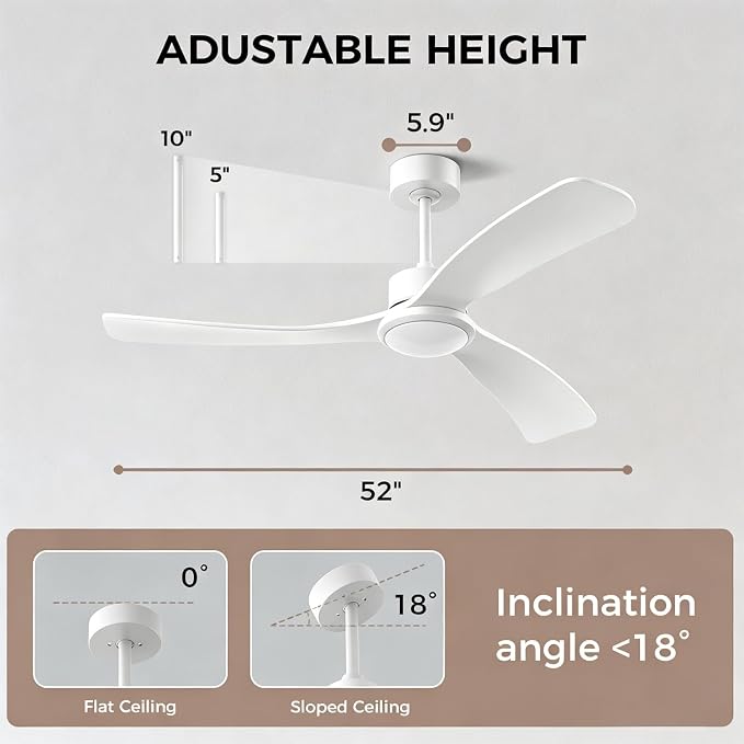 Obabala 52 Inch Ceiling Fan with Light and Remote,Solid Wood Blades, DC Motor Quiet 35dB, Dimmable LED Reversible for Bedroom Living Room Indoor Outdoor, 6 Speed Timer Downrod