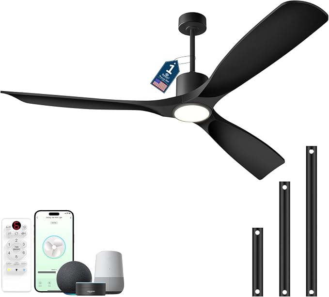 60" Ceiling Fan with Lights,Outdoor Ceiling Fan 3 Blade,Compatible with Alexa/Gg/App/Remote,3-Color Light 6-Speed Quiet Reversible DC Motor for Patio,Black