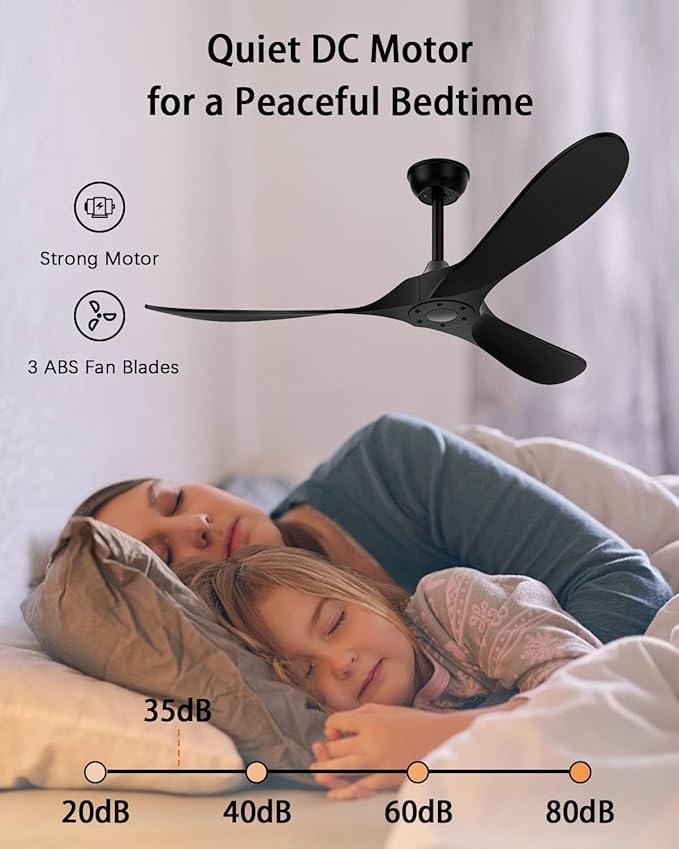 Obabala Black Ceiling Fan No Light, 52" Outdoor Fans for Patios/Porch/Bedroom/Kitchen with Remote, Noiseless, 3 Downrods, 6 Speed, Reversible DC Motor, Modern, 3 Blades, Timer