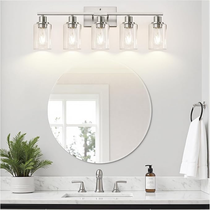 Indoi 5-Light Bathroom Light Fixtures, Brushed Nickel Modern Vanity Lights with Clear Glass Shades, Bathroom Wall Lamp for Mirror Living Room Cabinet Bedroom Porch