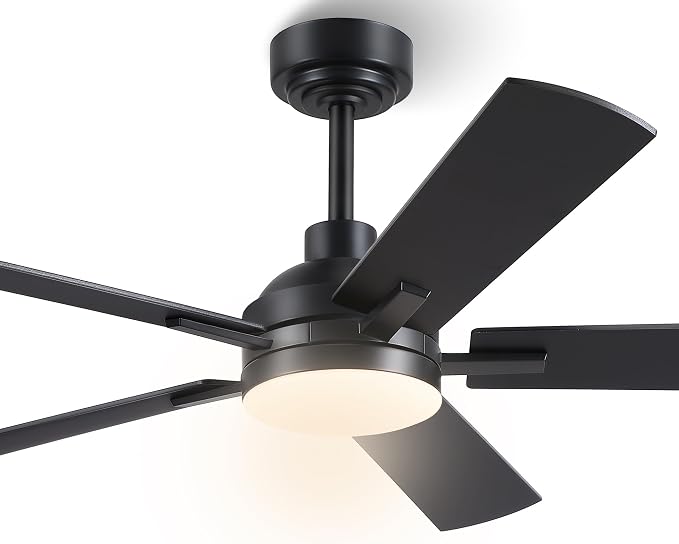 JSAITEE Ceiling Fans with Lights and Remote, 46" Black Low Profile Fan Light-Flush Mount with 5 Reversible Blades,6 Wind Speeds 3CCT Dimmable, Indoor Light Fixture for Bedroom