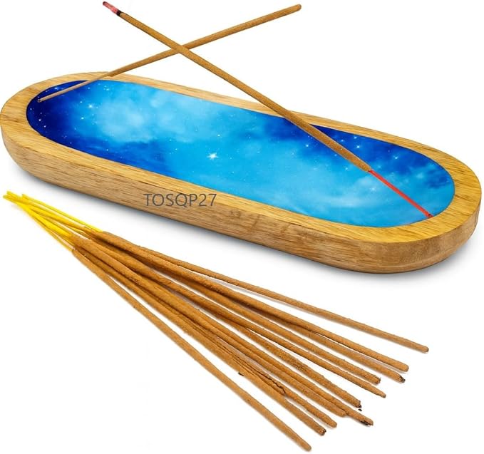 TOSQP27 Incense Burner Holder Ash Catcher for Sticks, Home Incent Burner Wooden Handmade Modern Gift Wood Decor – Blue Resin Art Tray | for Aromatherapy, Meditation, Yoga & Home Fragrance Decorative