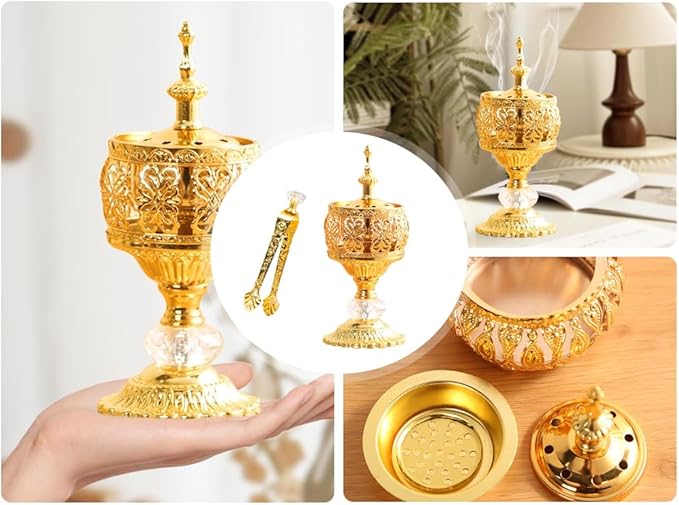 Gold Incense Burner Holder, Arabic Incense Burner with Tongs, Metal Vintage-Incense-Burners, for Aromatherapy Yoga Spa, Home Table Decoration, Ramadan Decorations, Gold