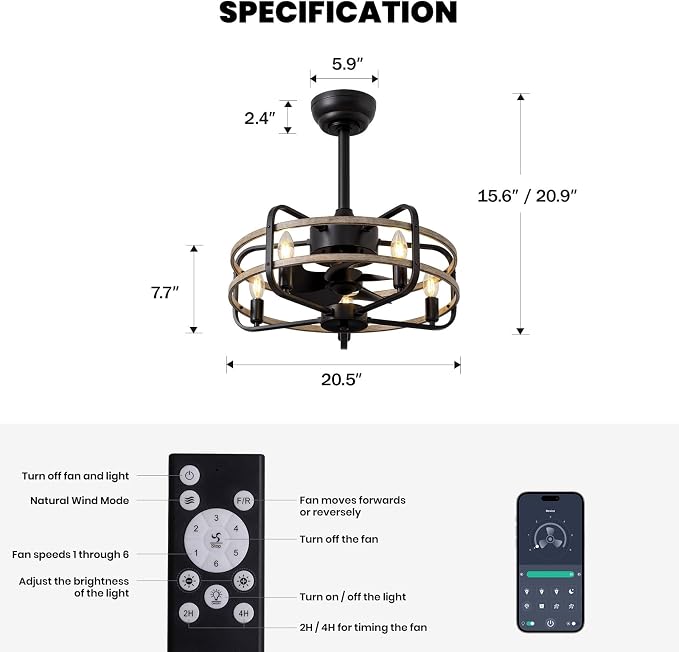NOXARTE 20 Inch Caged Ceiling Fan with Light and Remote, Flush Mount Vintage Farmhouse Fandelier 6 Speeds Reverse Motor Rustic Bladeless Ceiling Fan for Bedroom Living Room Dining Room