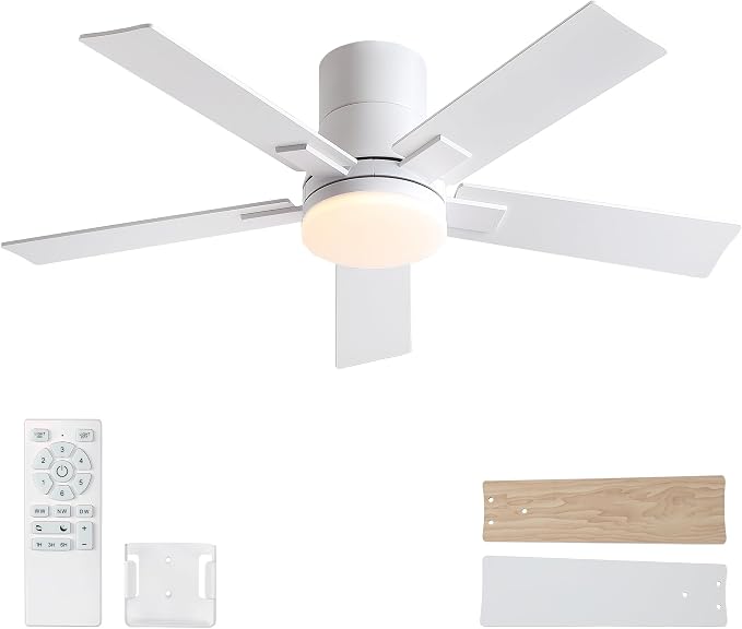 Rayqueen 42 Inch Flush Mount White Ceiling Fans with Lights and Remote | 6 Speed Reversible DC motor,3-color temperature dimmable LED.For indoor/covered outdoor.Modern style for bedroom room
