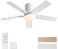 Rayqueen 42 Inch Flush Mount White Ceiling Fans with Lights and Remote | 6 Speed Reversible DC motor,3-color temperature dimmable LED.For indoor/covered outdoor.Modern style for bedroom room