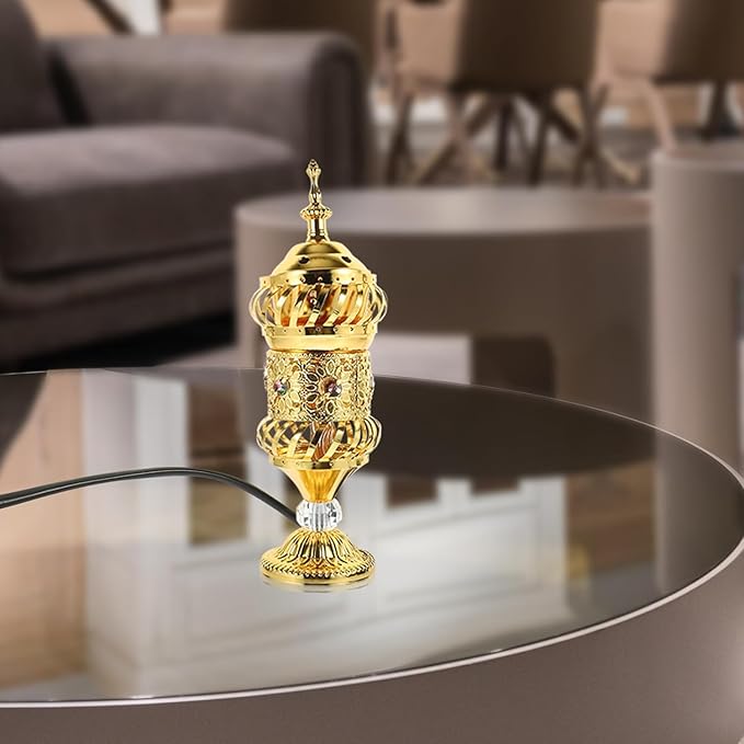 RCFINE Electric Incense Burner Bakhoor Metal Incense Burner Middle Eastern Style Arabic Incense Burner for Aromatherapy Yoga Spa Home Tabletop Decoration (Gold)