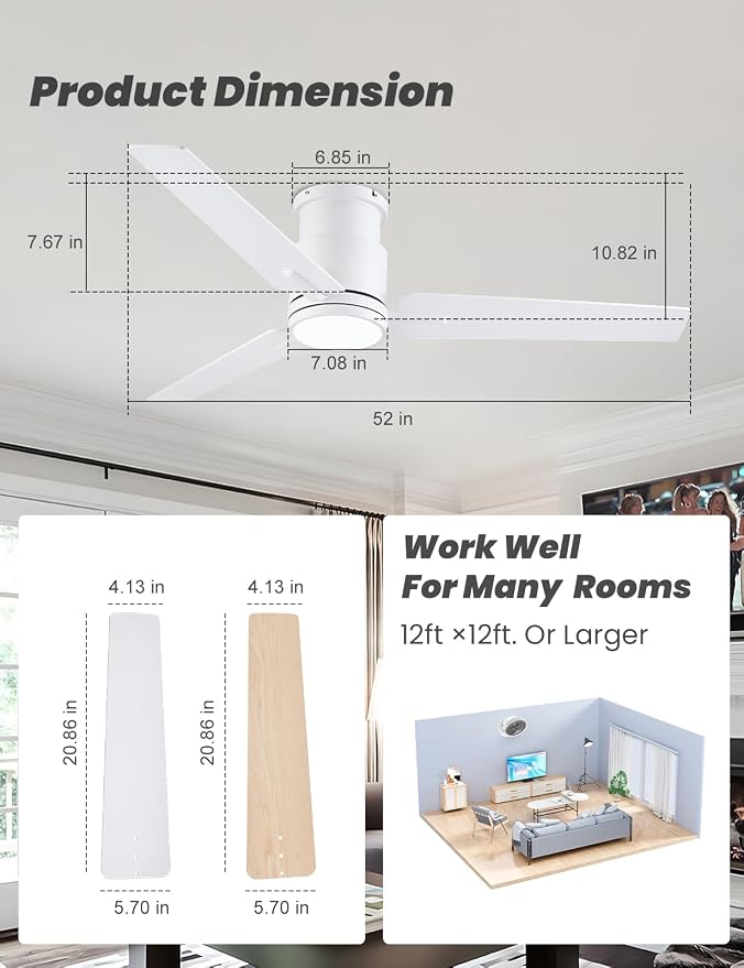 CJOY Ceiling Fans with Lights, 52 Inch Low Profile Ceiling Fans with Light and Remote, Reversible DC, Flush Mount, 3CCT，Dimmable, Modern Indoor/Outdoor Design for Bedroom, Living Room, Patio(White)