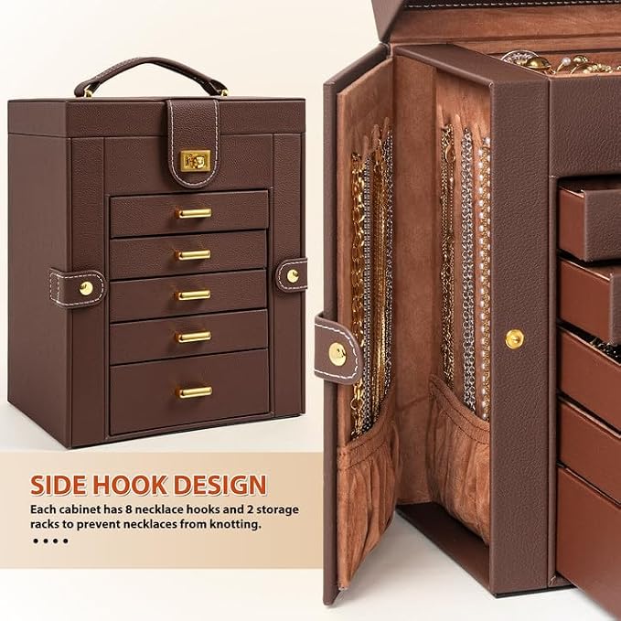 AKOZLIN 6-Tier Jewelry Box Organizer Functional 5 Drawers Leather Jewelry Storage Case for Women Girls Ring Necklace Earring Bracelet Holder Organizer with Mirror Brown Regular