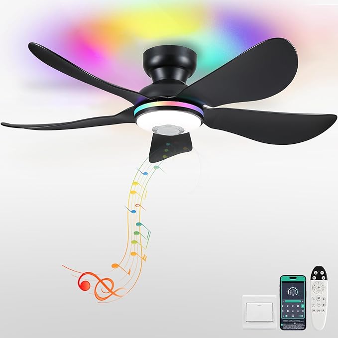 Kviflon 46" Ceiling Fans with RGB Lights Remote/APP Control, Low Profile, 3 CCT Dimmable White Lights+RGB Ring Lights+Music Player, 5 Reversible Plastic Blades 6 Speeds for Kidsroom, Black