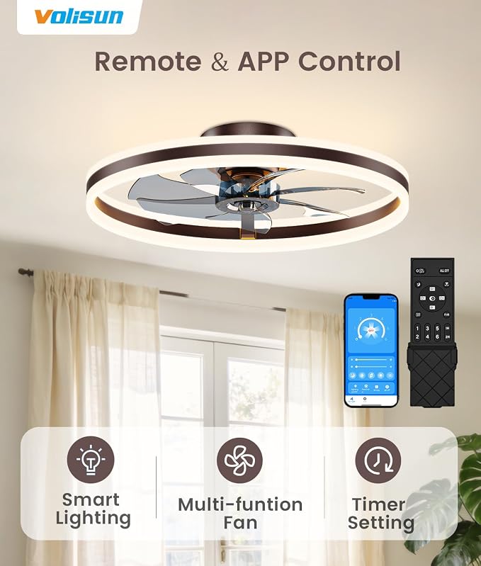 VOLISUN Low Profile Ceiling Fans with Lights and Remote, 24in Flush Mount Ceiling Fans with Light, 3000K-6500K Dimmable Fandelier LED Fan Light, Brown Bladeless Ceiling Fans with Lights for Bedroom