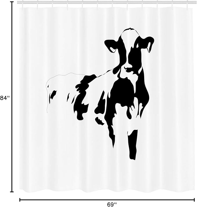 Ambesonne Rustic Shower Curtain, Simple Silhouette Style Portrait of a Cow Milk Farm Animals Agriculture Themed Illustration, Cloth Fabric Bathroom Decor Set with Hooks, 69" W x 84" L, Black White