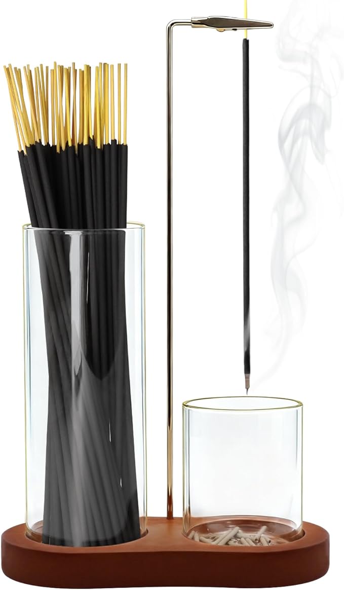 Incense Holder, 2 in 1 Incense Sticks Burner with Glass Ash Catcher & Stick Storage, Meditation Yoga Spa Gifts for Women, House Warming Gifts New Home Wooden Aesthetic Room Decor, Rustic Brown