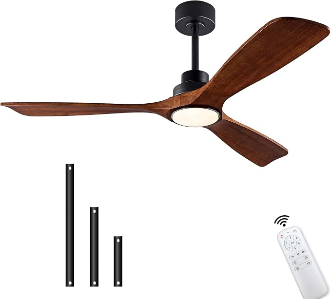 QUTWOB 52" Wood Ceiling Fan with Light, Reversible DC Motor, Remote Control | solid wood blades, quiet 6-speed reversible dc motor, remote control, dimmable 3-color led, for indoor outdoor bedroom patio