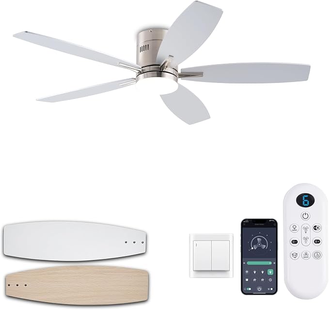 KNUN 51 inch Ceiling Fan with Light and Remote/App Control, Flush Mount Low Profile, Reversible DC Motor, Nickel Modern Ceiling Fan with Light, Dimmable,Noiseless,for Bedroom Living Room