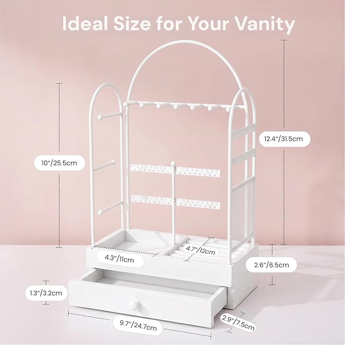 Jewelry Holder, Jewelry Storage Organizer Stand with Velvet Tray & Drawer, Earring Holder & Necklace Display, Multi-section Storage for Necklace, Earrings, Rings, Bracelets, Watches, Gift Idea