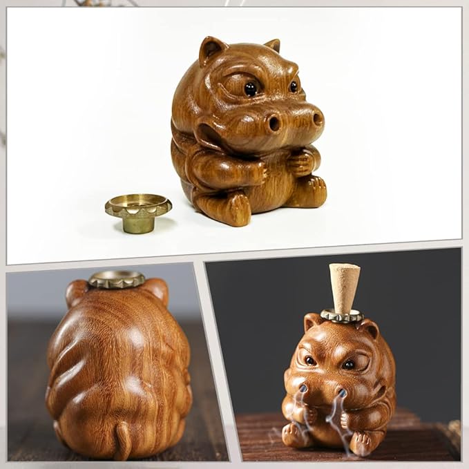 Wooden Hippo-shaped Incense Burner - Sandal Wood - Backflow Incense Holder - Desktop Ornament for Home Decoration