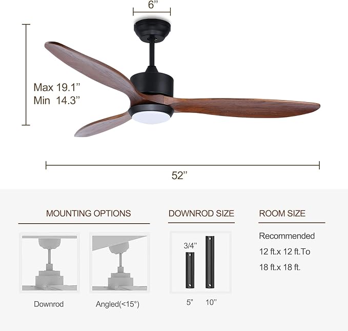 Ovlaim 52 Inch Wood Ceiling Fan with Light, Quiet DC Motor, Smart 6-Speed | 35dB Quiet, Solid Wood Blades, 3-Color Dimmable LED with Memory Function, App & Voice, Reversible Motor, Bedroom Living Room