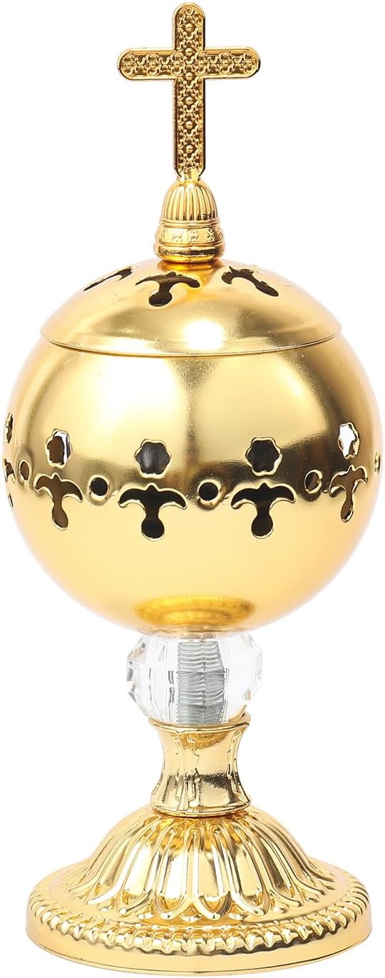 Nazareth Store Gold Incense Burner Charcoal Polished Brass Censer Christian Church Incense Holder Incense Cones Cross 7.9" Aromatherapy Fragrance Ornament