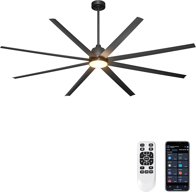 96" Industrial Ceiling Fans with Lights, Large Ceiling Fan with Remote/APP Control, Outdoor Ceiling Fans with 8 Blades, 3CCT, DC motor for Commercial Shop Garage Warehouse Black