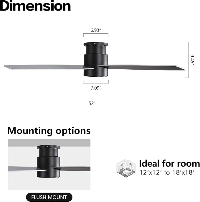 WINGBO 52" Flush Mount DC Ceiling Fan without Lights, 4 Reversible Blades, Ultra Quiet 6-Speed DC Motor, Hugger Low Profile Indoor Ceiling Fan No Lights, Matte Black Finish