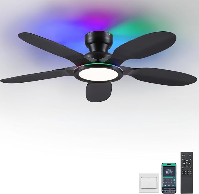 Kviflon Ceiling Fans with Lights and Remote/APP Control, 52 inch Low Profile Ceiling Fans with Dimmable White + RGB Ring Lights, 6 Speeds 5 Curved Blades for Kids Room Bedroom Bar, Black
