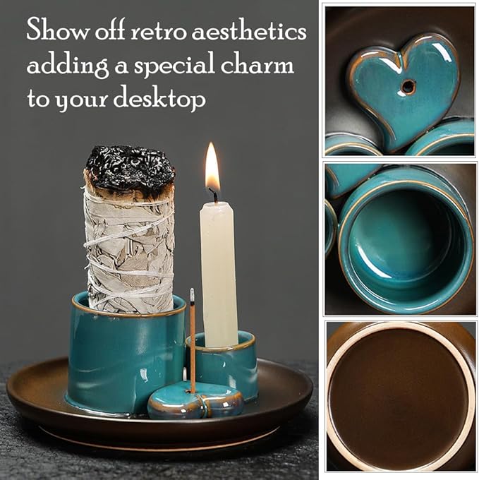 Palo Santo Sage Holder for Burning, Ceramic 4 in 1 Incense Burner Smudge Stick Holder, Ash Catcher Tray for Home Office Meditatio Yoga Room (Retro Blue)
