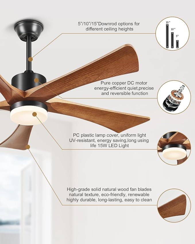Ceiling Fans with Lights and Remote, 52 Inch Outdoor Fans for Patios, USA Original Patent, ETL Listed, 3 Downrods, 5 Blades, 6 Speeds Reversible Noiseless DC Motor Wood Fans for Farmhouse, 52", Walnut