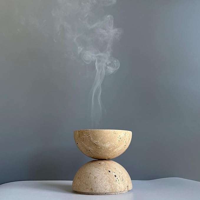 9 Holes Handmade Natural Marble Round Incense Burner Holder for Meditation Decorative Room/Kitchen/Coffee Shop (Beige Travertine Stone)