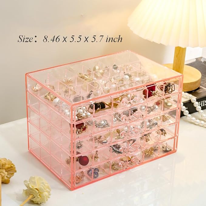 YUFONG Earring Storage Box Organizer, Acrylic Jewelry Storage Box Holder 5 Drawers Transparent Jewelry Display Stand with 120 Small Compartments Gift Boxes for Women Girls (Clear Pink)