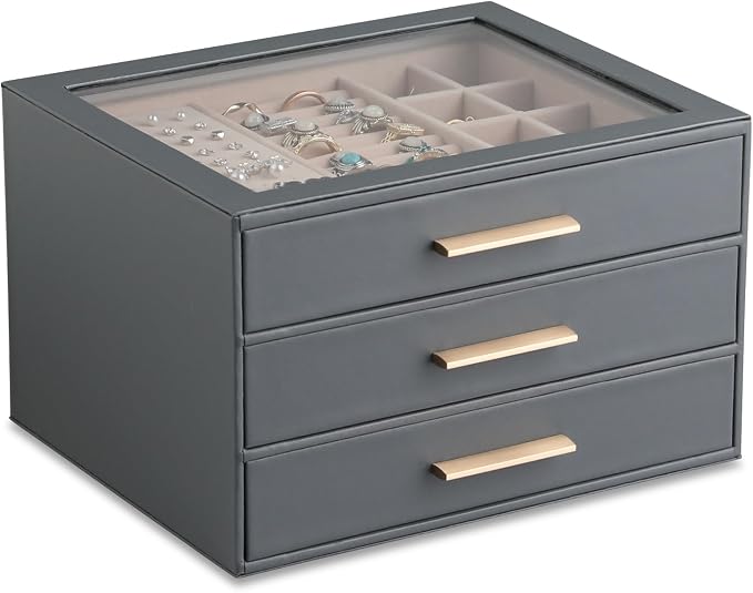 Frebeauty Jewelry Box for Women,Clear Lid Jewelry Organizer with 3 Drawers | Faux Leather,Velvet Lining,3 Layers,Jewelry Storage for Ring Earring Stud,Dustproof Design,Gift Choice,Golden Stylish Handle