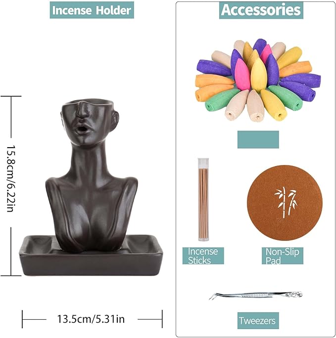 YYW Statue Backflow Incense Holder Incense Burner Waterfall Aromatherapy Ornament Home Decor with Incense Cones and Incense Stick (Black)