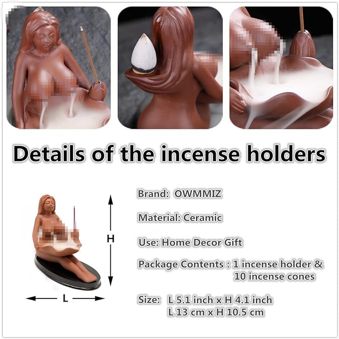 Red Ceramic Maid Backflow Incense Burner, Waterfall Incense Holders Home Decor Ornament