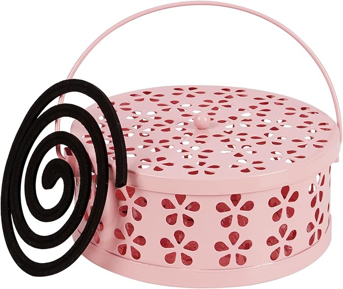 Portable Iron Mosquito Coil Holder with Handle Round Heat-Resistant Incense Holder (Pink)