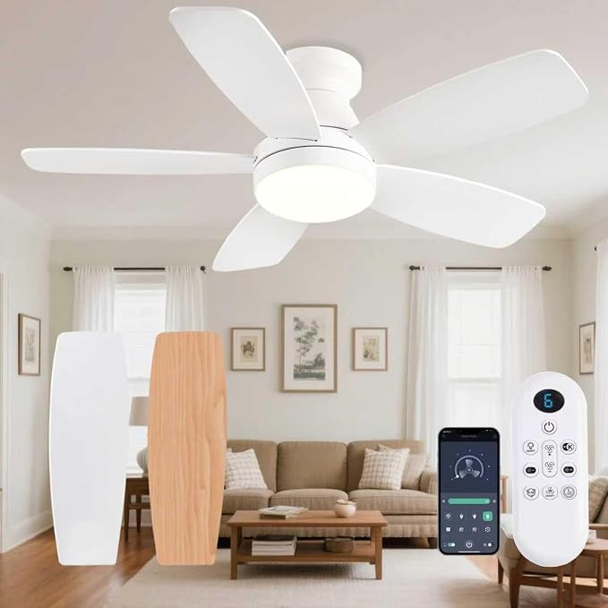 FUMLTP 42inch Flush Mount Ceiling Fans with Lights and Remote/APP Control, Dimmable LED, Reversible DC Motor, Noiseless, Low Profile White Ceiling Fan for Livingroom, Indoor/Outdoor Use