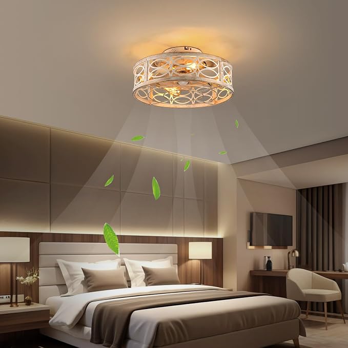 20" Caged Ceiling Fan With Light And Remote，bladeless Ceiling Fan 6 Speed Reversible With 4 Bulbs and Remote Control. With Lights for Bedroom, Dining Room