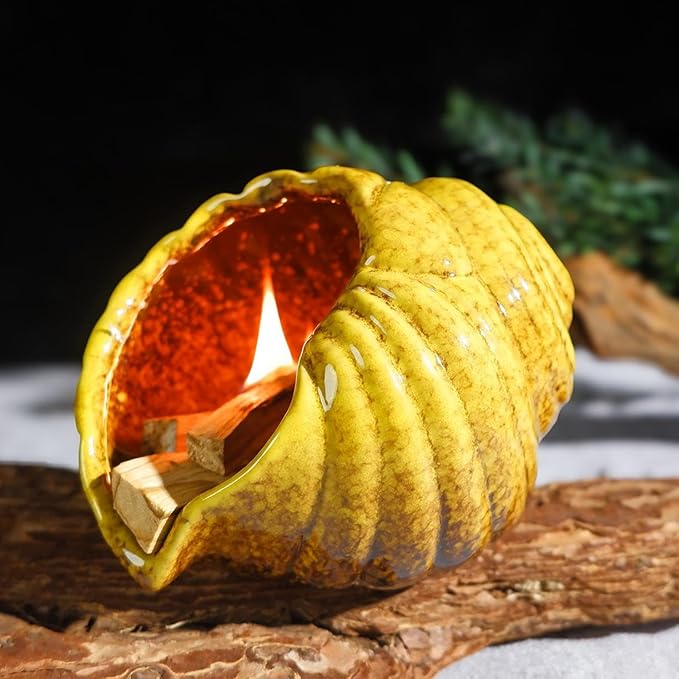 MOUGIGI Yellow Ceramic Conch Palo Santo Holder - Mini Chimney Incense Burner, Tabletop Smudge Bowl Compatible with Sage/Sticks/Cones/Copal,for Yoga、Zen Meditation、Witchcraft, Ideal Altar Decor Gift