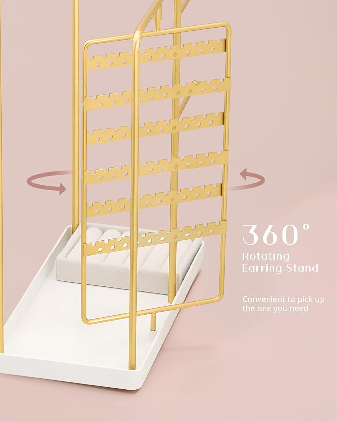 ProCase Jewelry Stand Holder Organizer and Storage, Gold, Large | Rotating Earring Bracelet Holder Storage, Hanging Jewelry Display Velvet Ring Tray, Teen Girls Birthday Gifts Room Dorm Decor