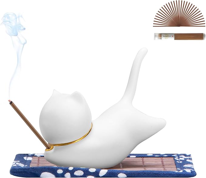 Incense Holder Handmade Ceramic Incense Burner with 30 Sandalwood Insence-Stick Holder with Bamboo Mat, Cute Cat Decor Incense Holder for Sticks for Aromatherapy/Yoga/Meditation/Home