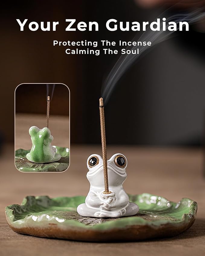Ceramic Incense Stick Holder - Cute Frog Incense Burner with Lotus Leaf Tray Ash Catcher, Handcrafted Zen Decor for Home, Meditation, Yoga, Gift