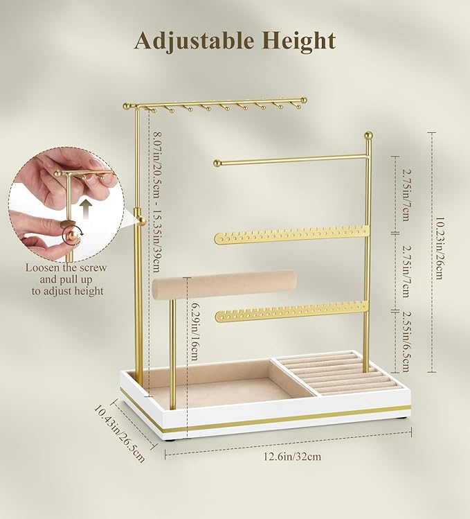 Emibele Jewelry Necklace Holder, 5 Tier Jewelry Organizers and Storage | Earring Bracelet Holder, Jewelry Display with Metal Frame Velvet Ring Tray, Aesthetic Jewelry Stand Gifts for Women, Gold