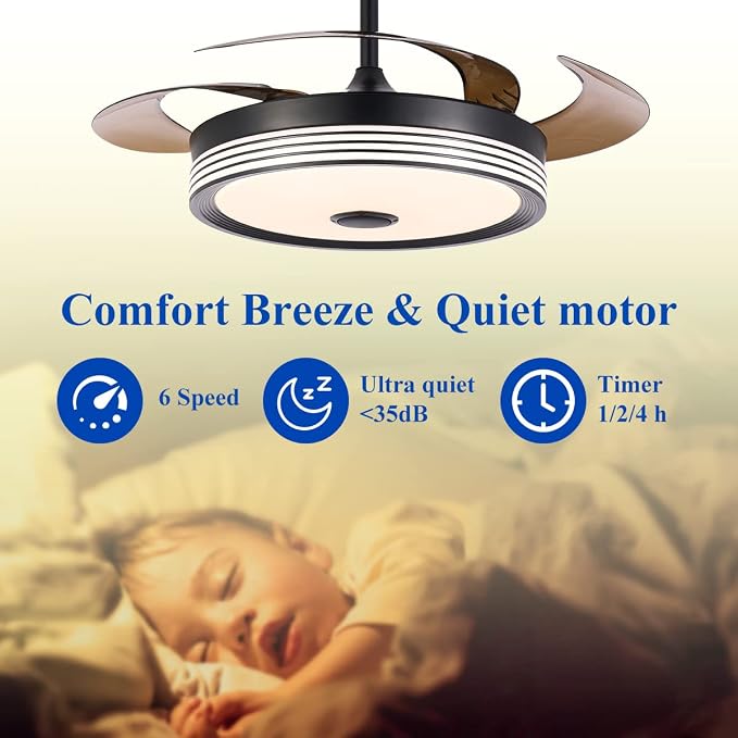 42 inch Modern Retractable Ceiling Fan with Lights and Remote Control, 6Speed Dimmable Fandelier, Smart Ceiling Fan Light with Bluetooth Speaker, RGB Color Reversible Bedroom Living Room Black