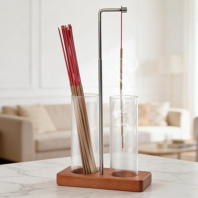 Adjustable Incense Holder for Sticks, 2 in 1 Incense Burner with Glass Ash Catcher, Upside Down Incense Holder with Threaded Lock, Modern for Meditation Yoga Spa Home Decor (Extends 8.7"-13.4")