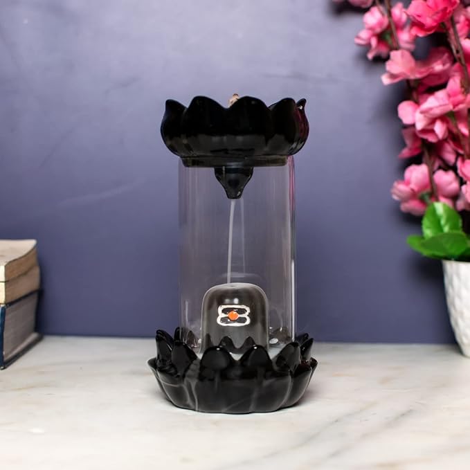 Shiv Ling Shiva Lingam Fog Smoke Fountain with 5 Scented Incense Cones | Resin - Black - 7.75" Inches