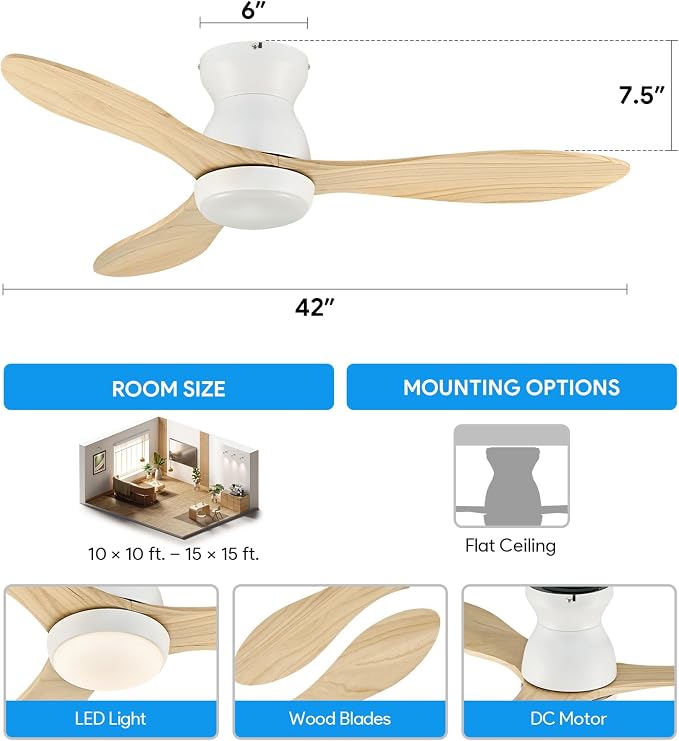 VONLUCE Wood Ceiling Fan with Lights, 42 Inch Flush Mount Ceiling Fan and Remote, 6-Speeds Quiet Reversible DC Motor, 3CCT, Natural Wood 3 Blades Outdoor Ceiling Fan for Patios Farmhouse, White