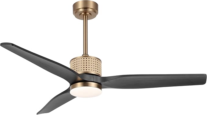 LEDLUX 52" Ceiling Fan with Light – Remote Control, Solid Wood, Quiet Reversible DC Motor, Black/Gold Finish, Includes 4.5"/12" Downrods, Noiseless Ceiling Fan for Bedroom, Living Room, Porch