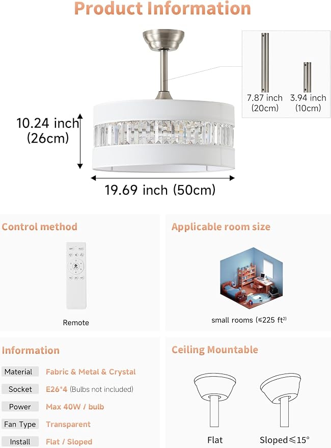 Silver and White Crystal Fandelier Ceiling Fans with Lights, 20" Farmhouse Rustic Ceiling Fan with Light Remote Control, Caged Mid-Century with 6 Speeds for Bedroom, Nursery, Living Room