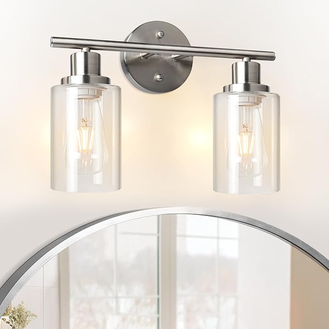Unicozin 2 Light Vanity Lights, Brushed Nickel Wall Sconce Light with Clear Glass, Bathroom Light Fixtures, Wall Lights for Mirror, Living Room, Bedroom, Hallway, E26 Base (Bulbs Not Included)