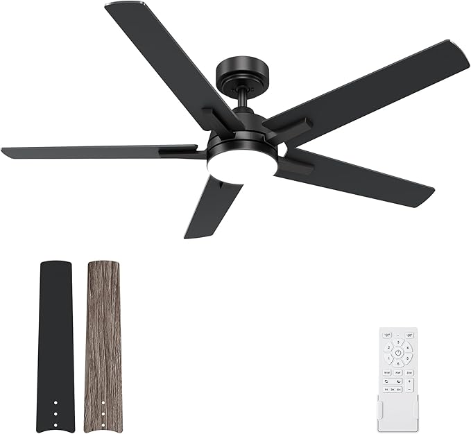 52 Inch Black Ceiling Fans with Lights and Remote, Low Profile 5 Blades Ceiling Fan with Downrods, Reversible, 3CCT, Dimmable, Noiseless for Living Room, Bedroom and Patio