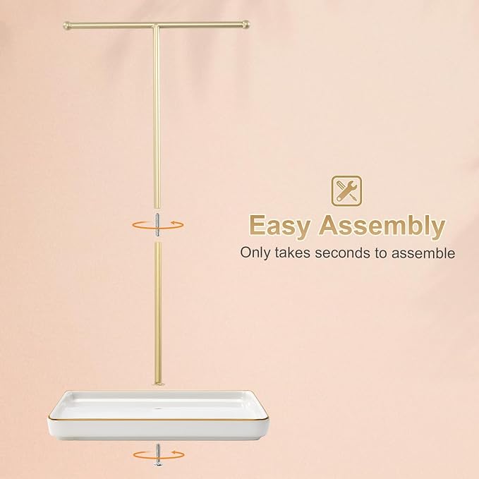 Necklace Holder Stand with Ceramic Tray, 13.78" Tall T Bar Jewelry Organizer for Tangle Free Storage, Gold Necklace Holder for Bracelets Rings, Vanity Dresser Room Decor, Gift for Women Girls